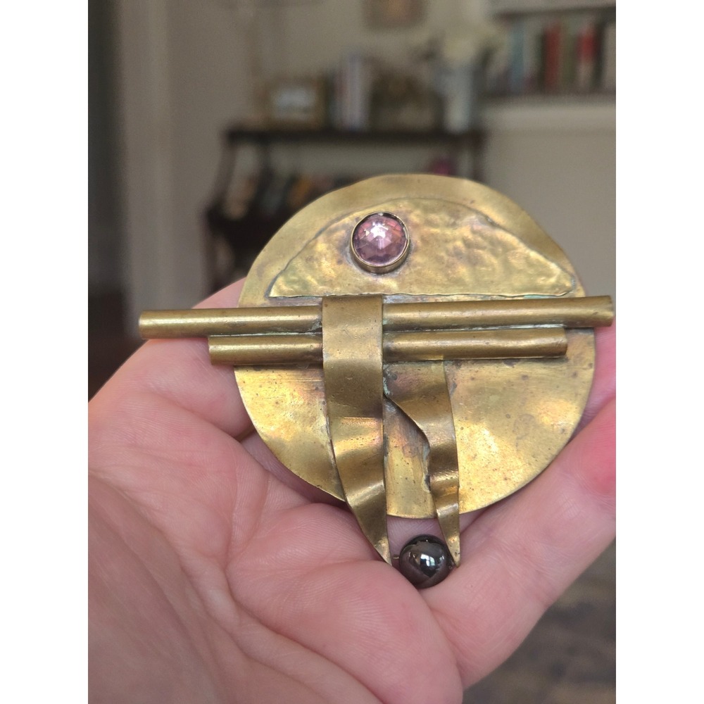 Artisan Brutalist Brass Brooch Amethyst Black Pearl Art Deco or Nouveau Vintage